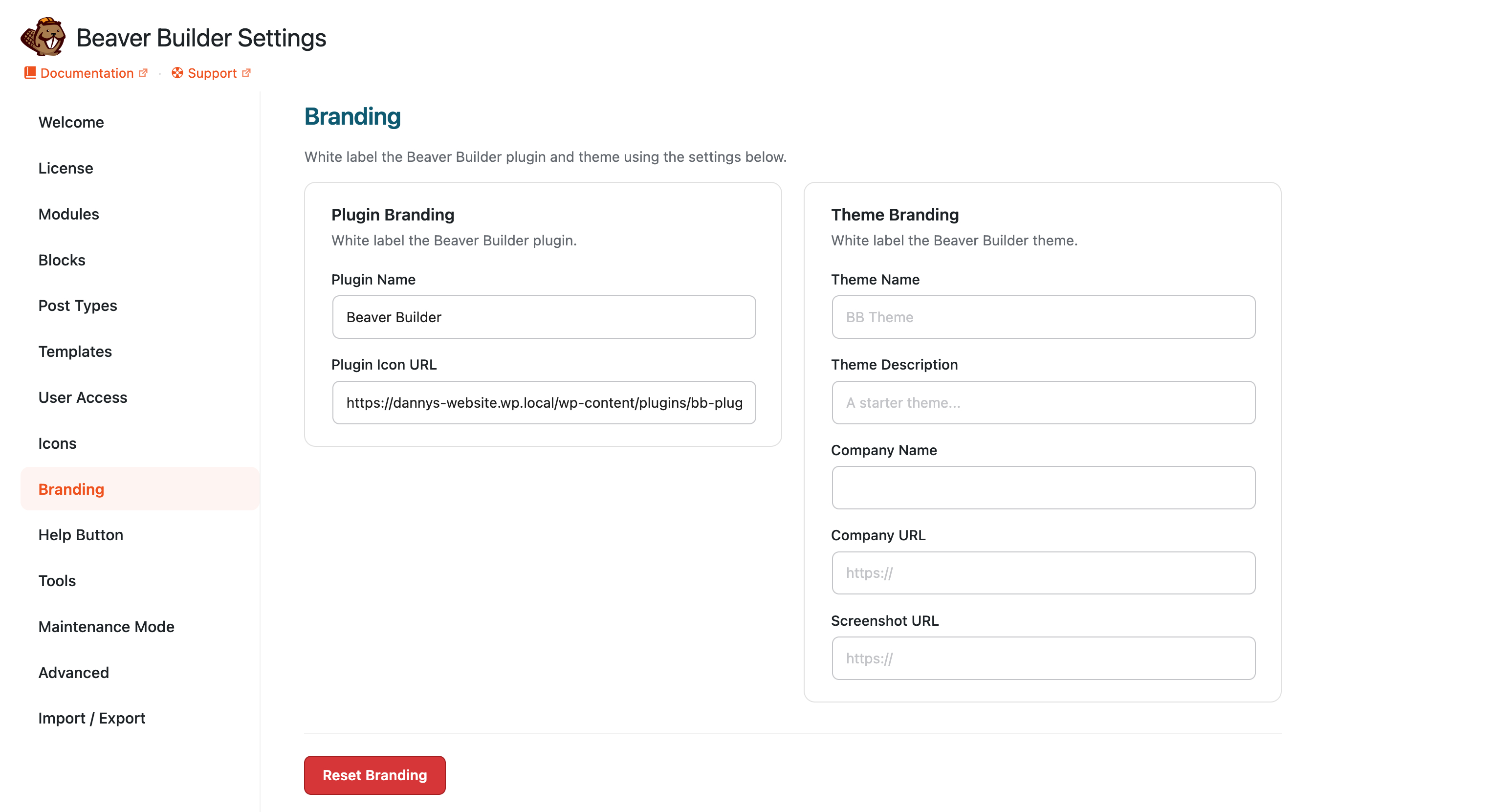 Access the Beaver Builder setting's branding tab
